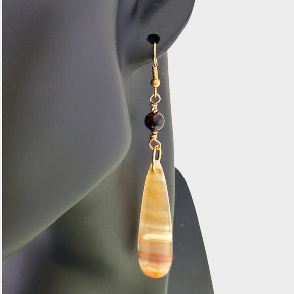 Natural Orange Sardonyx Mahogany Tiger's Eye Gemstone Earrings Copper Hooks - Picture 7 of 10